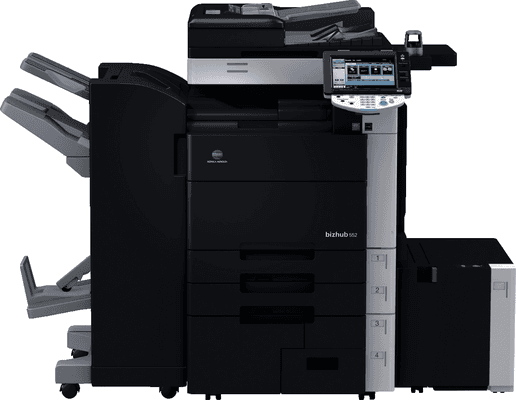 A Konica Minolta MFP with print, scan, copy, finishing, and fax.