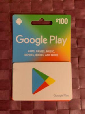 ONE GOOGLE PLAY GIFT CARD. Price $100.00. For APPS, GAMEs, MUSIC, MOVIES, BOOKS, & MORE.