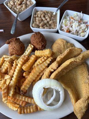 2 piece catfish filet dinner. Cooked perfectly. Love this place. Waite staff were fast and attentive.