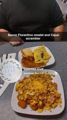 amazing breakfast! Bacon Florentino omelet and scrambler substitute home fries for tot.