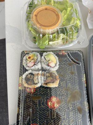 Salad, eel cucumber roll and California roll (ate some before taking pic)