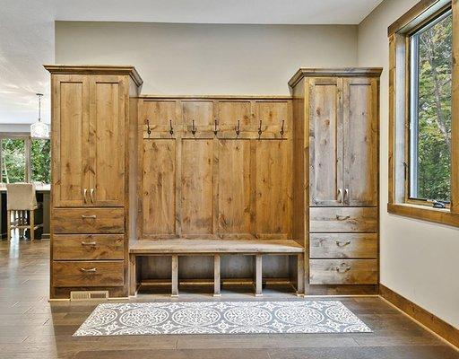 Custom Locker cabinets with Pantry storage. Beautiful Bench Cabinet designed to be functional with storage underneath. Located in Isanti MN