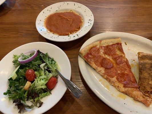 Pizza by the slice (only available at lunchtime), spaghetti and tomato sauce (my fav!) and house salad