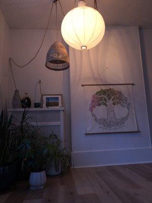 Ambient lighting, plants, unique artwork featuring a tree of life with the 8 limbs of yoga.