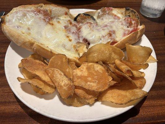 Eggplant parmigiana sandwich with homemade chips