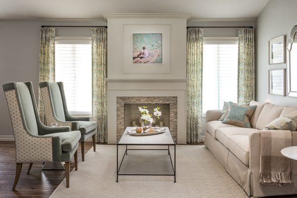 Remodeled living room in Carlsbad with new windows and traditional custom draperies.