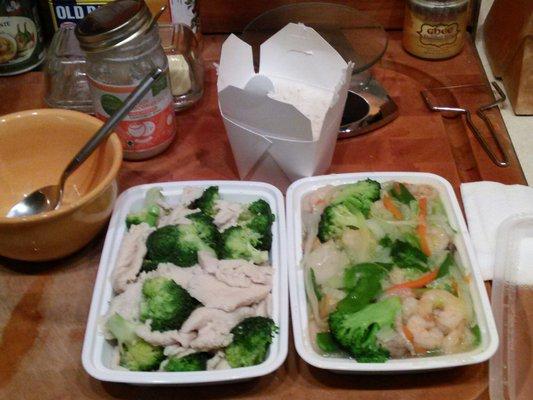 Plain steamed chicken with broccoli and shrimp chop suey.