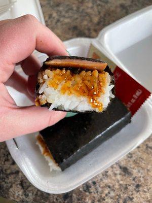 Spam Musubi front view. Too much sauce.