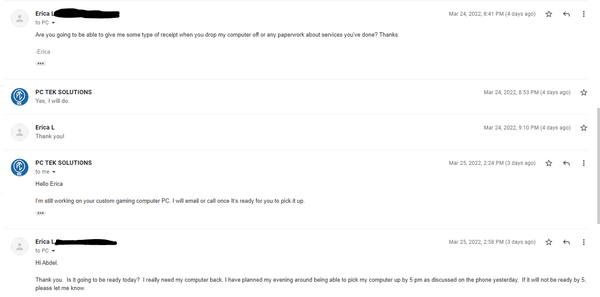 This is proof of me being promised my PC would be ready by 5 and proof of my asking for a receipt.