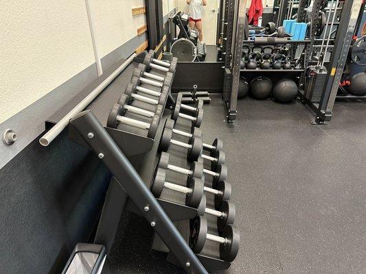 Dumbbell rack, kettlebells, and cable machine.