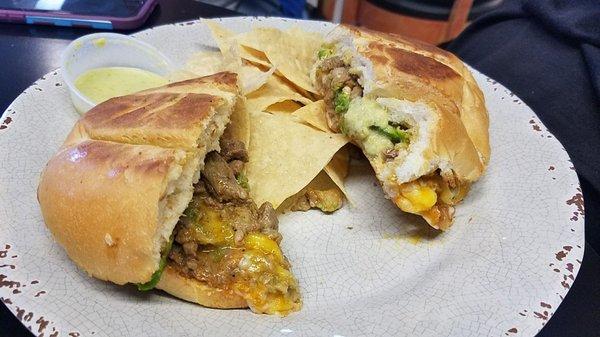 simple carne asada torta avocado, cheese, sour cream