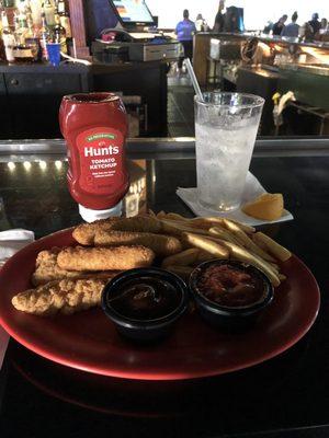 Appetizer Trio w/Chicken Strips, Fries, Mozzarella Sticks, Marinara Sauce, BBQ Sauce, and Ketchup