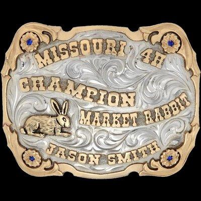 The Springfield Buckle.   Each buckle is built by hand with your choice of letters, stone color, and figure.