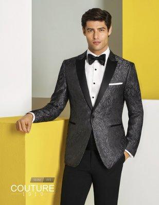 Charcoal Paisley with Black Peak Lapels at Minsky Formal Wear