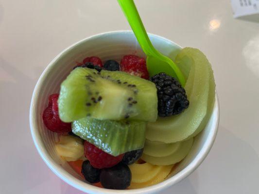 Non-dairy option of mango, pineapple, and green apple yogurt with fruit toppings