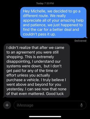 A text response from sales person