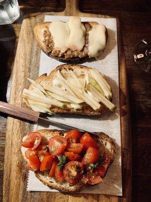 Bruschetta: tomato and Basil, pear with Brie and honey, sausage and cheese