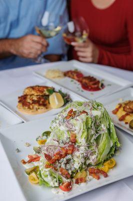 The Wedge Salad with
Heirloom tomatoes, shaved red onion, Cheshire bacon, cured egg yolk, Gorgonzola cheese, herbed ranch.