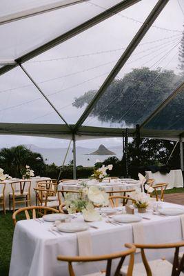 Clear Tent, Wishbone Chairs, Wood Dance Floor, and White Linens