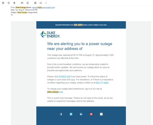 Duke Energy power outage email alert for August 15, 2023. Chapel Hill-Durham, North Carolina area.