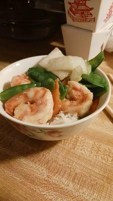 Shrimp and Snow Peas, freshly dished out from the carryout container!