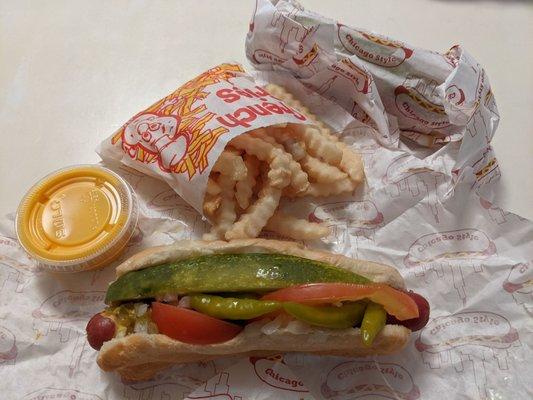 Chicago style hot dog with everything and hot peppers. And fabulous french fries with cheese.