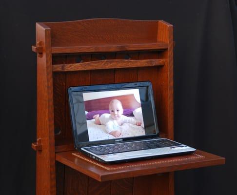 Gustav Stickley "Chalet desk  with laptop  in use.  Available in custom sizes & configurations. See our website for options.