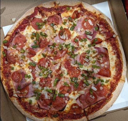 16-inch with onion, green pepper, pepperoni, and ham. Pretty good, not amazing.