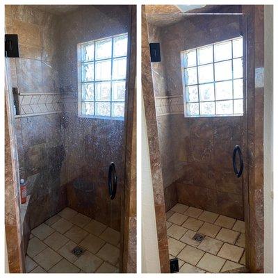 I just have to show off these before and after pics of this shower. 
Look at those doors!! No more water spots!