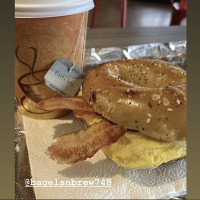 London fog tea latte and a bacon egg and cheese breakfast sandwich