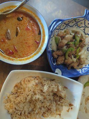 Penang curry, Garlic pepper calamari & garlic rice.