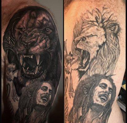 Black and grey lion coverup Tattoo by Danny