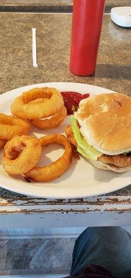 Cajun pork tenderloin and onions rings.