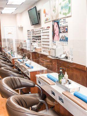 We have installed glass sneeze guards at all pedicure and manicure stations!