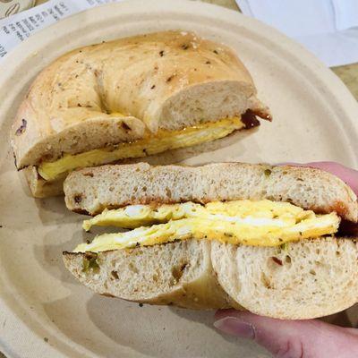 Toast Jalapeño bagel with egg/cheese/ketchup/salt/pepper, yum!