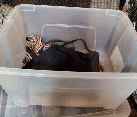 ONE OF MORE THAN A DOZEN BINS--32 GAL SIZE--I FOUND LIKE THIS IN THE POD & PULLED OUT TO REPACK MYSELF. TRIED TO SHOW HIM, BUT HE RAN AWAY.!