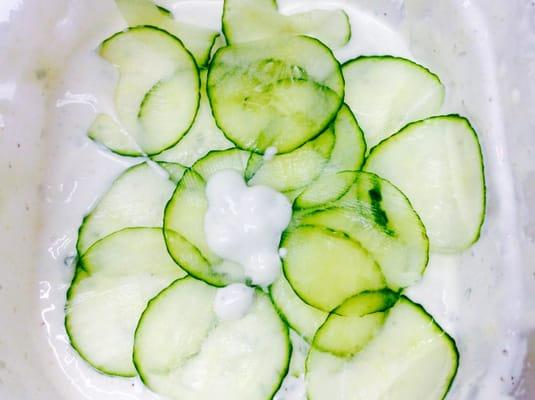 Home-made Cucumber Sauce for GYRO. INCLUDES; sour cream mayonnaise lemon, dill, cucumber, salt and pepper & secret ingredient.