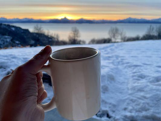 Enjoying coffee on the back deck walking to the hot tub!