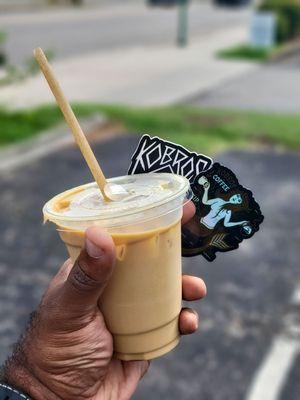 Salted Caramel Iced Latte w/ Oatmilk and STICKERS! :)