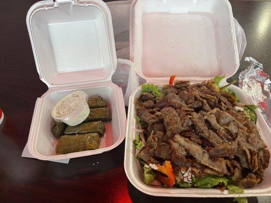 Gyro Greek Salad and side of 5 Piece Dolmas