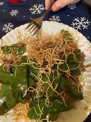 Pan fried noodles with pea pods