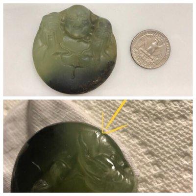 Top: before my Jade pendant went into Good Neighbor, Bottom: after; they returned it to me with damage