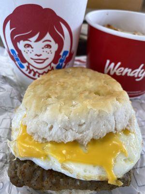 Sausage egg cheese biscuit with free senior citizen coffee!