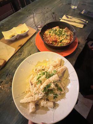 Fettuccine Alfredo with chicken and Lobster mushroom (not actual lobster it's a kind of mushroom) lasagna