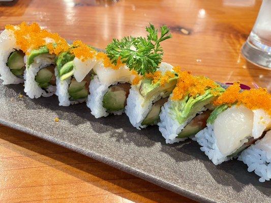 Spencer roll - salmon and avocado inside, scallop, avocado, and tobiko outside