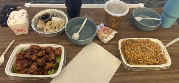 Orange chicken, beef lo mein, hot and sour soup, steamed dumplings