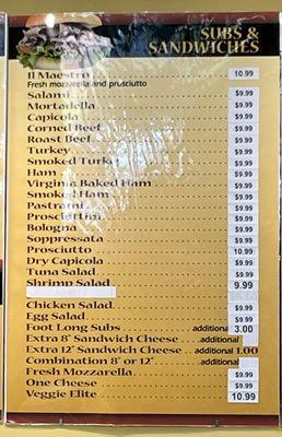 Their menu of WONDERFUL SUBS!!