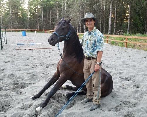 Trainer Austin Gutierrez with 9-year-old Arabian Gelding Kasino.