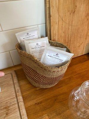 A basket of tea from tea and turmeric Laguna Beach