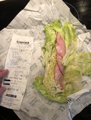 Receipt with the "sandwich" they made, not matching my order at all.